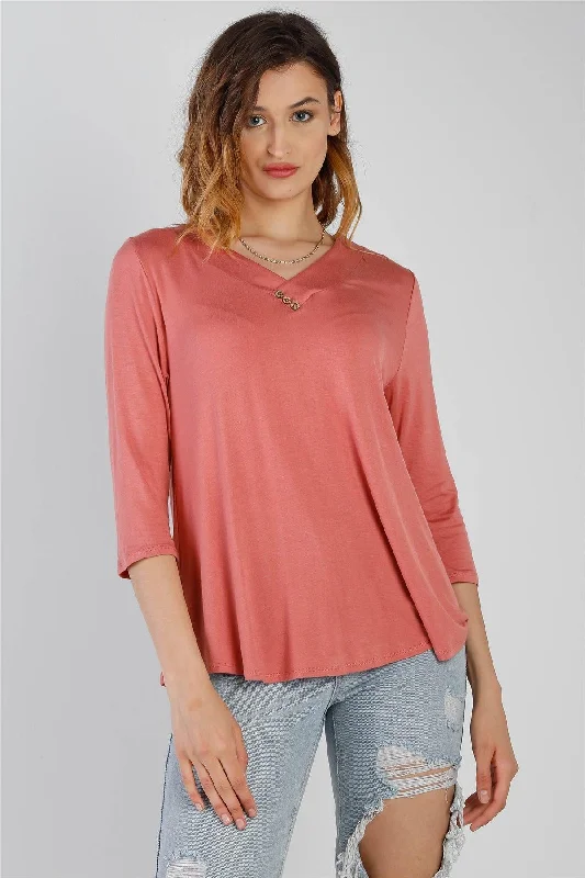 Rose Contrast Button Detail V-Neck Midi Sleeve Top /1-2-2-1VNeckTopQuasar