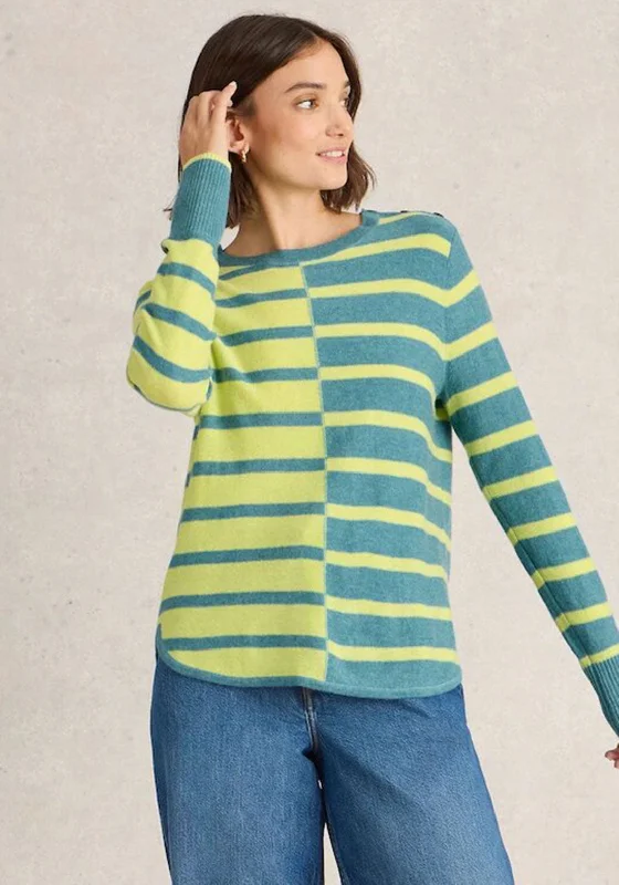 White Stuff Emma Striped Colour Block Jumper, Blue and LimeKnitted Fitted