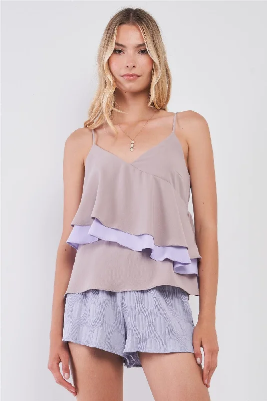 Grey & Lavender Asymmetric Layered Sleeveless V-Neck Flounce Top /1-2-2-1VNeckTopNebula