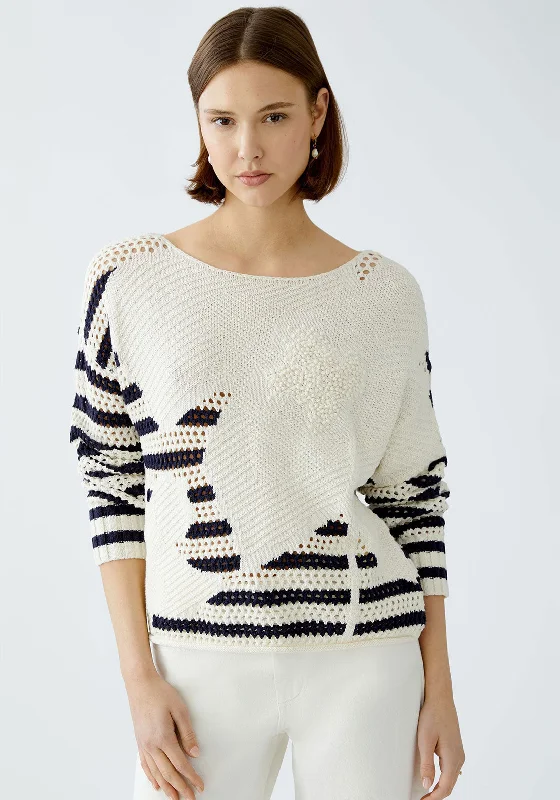 Oui Contrast Striped Knit Jumper, WhiteKnit V-Neck