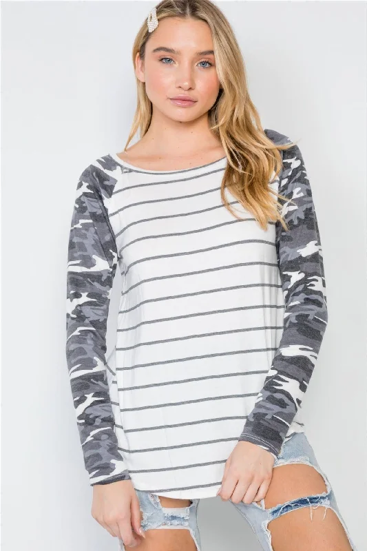 Ivory Stripe Camo Print Long Sleeve Top /2-2-2