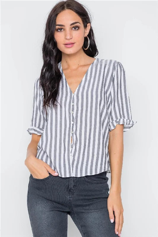 Black Stripe V-Neck Casual Stripe Button Down Top /3-2-1VNeckTopElite