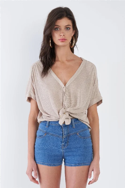 Taupe Relaxed Fit V-neck Front Button Down Top  /1-2-2VNeckTopPhoenix