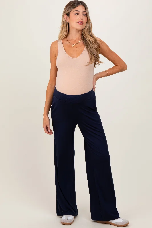 Flat-frontNavy Basic Wide Leg Pocketed Maternity Pants