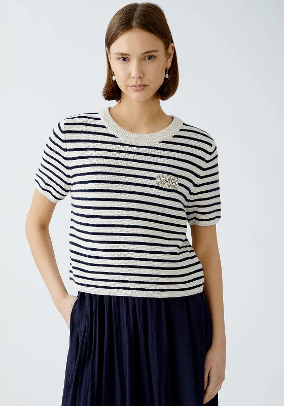 Oui Striped Embellished Short Sleeve Jumper, White and NavyKnitted Crewneck