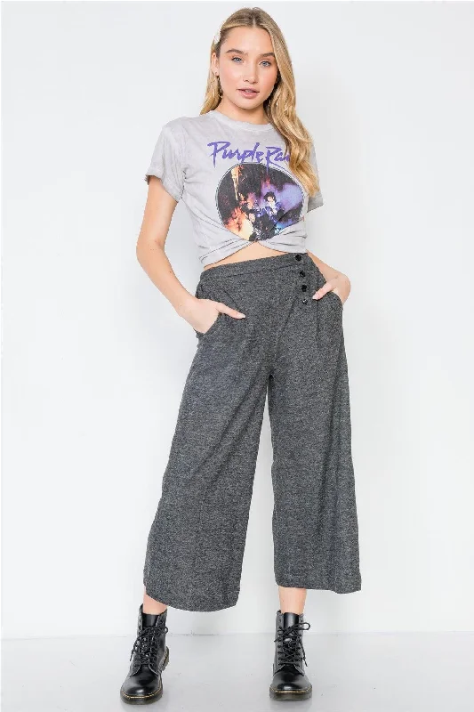 Ripped JeansBlack Knit Side Button Wide Leg Ankle Pants /1-2-2