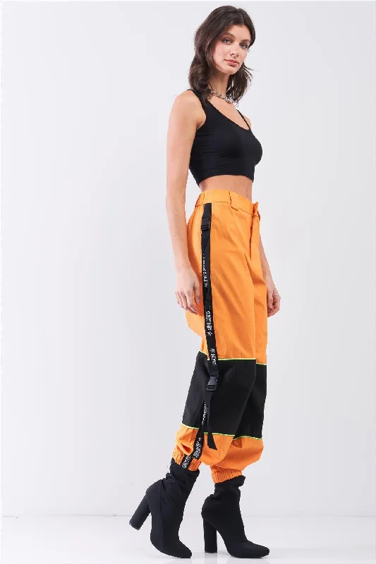 Reflective PantsBright Orange High Waist Print Side Trim Utility Buckle Detail Parachute Racetrack Cargo Pants /2-3-1