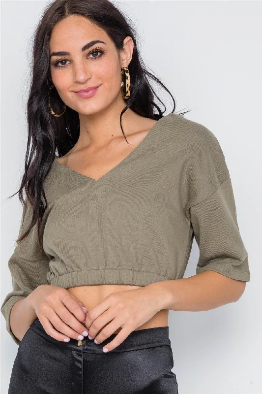 Olive 3/4 Sleeve V-Neck Knit Crop Top /3-2-1VNeckTopPegasus