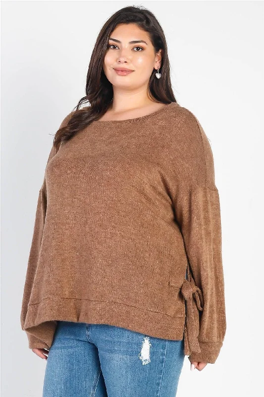 Junior Plus Coffee Knit Side Self-Tie Detail Long Sleeve Top /3-2-1