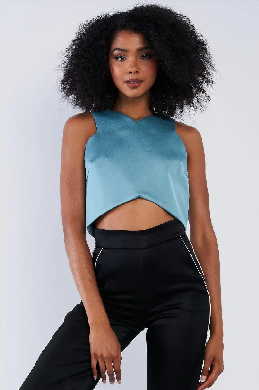 Solid Seafoam Green Chic V-Neck Sleeveless Copped TopVNeckTopNova