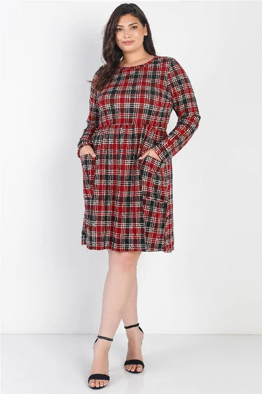 Junior Plus Black-Red Plaid Houndstooth Print Long Sleeve Mini Dress /3-2-1