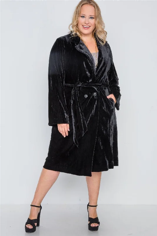 Plus Size Black Velvet Long Sleeve Trench Coat /2-3