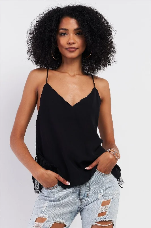 Black Sleeveless Scallop Hem V-Neck Lace Detail Top /2-1-2-1VNeckTopChimera