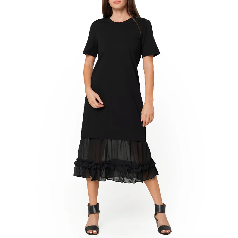 Women's Sheer Contrast Ruffle Hem Midi Dress In BlackLace Dress