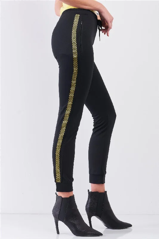 Ski PantsBlack Yellow Checkered Side Tape Elastic Waist Sweatpants /2-2-2