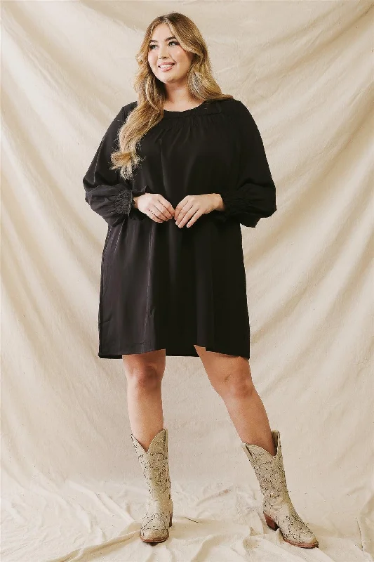 Junior Plus Black Elasticized Bust Long Sleeve Mini Dress /4-2-1