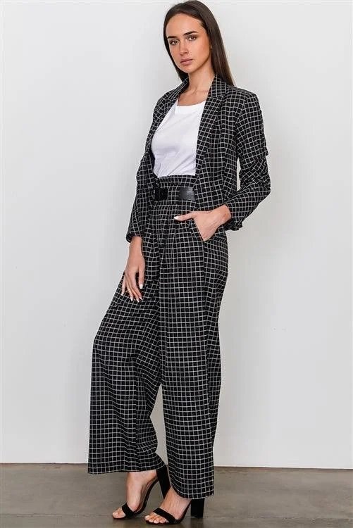 SlacksBlack Plaid Print Blazer And Belted Pants Set