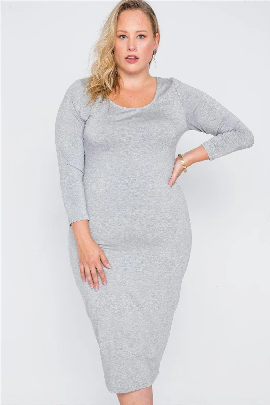 Junior Plus Size Grey Basic Long Sleeve Midi Dress /1-2-2-1