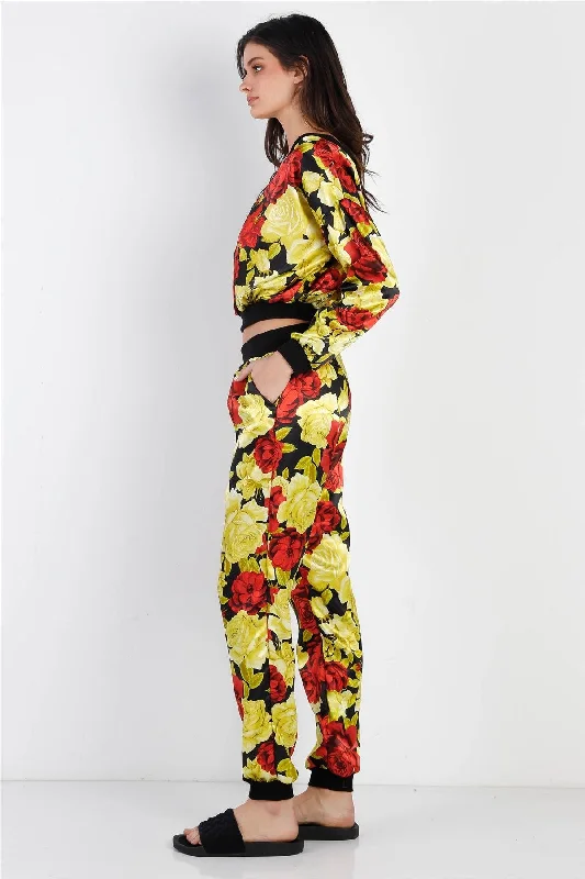 CargosBlack & Satin Effect Red & Lime Floral Print V-Neck Top & Pants Set /2-2-2