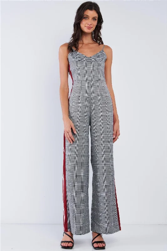 Grey Checkered V-Neck Sleeveless Red&White Accent Side Stripe Wide Leg Jumpsuit /1-2-3VNeckTopFusion