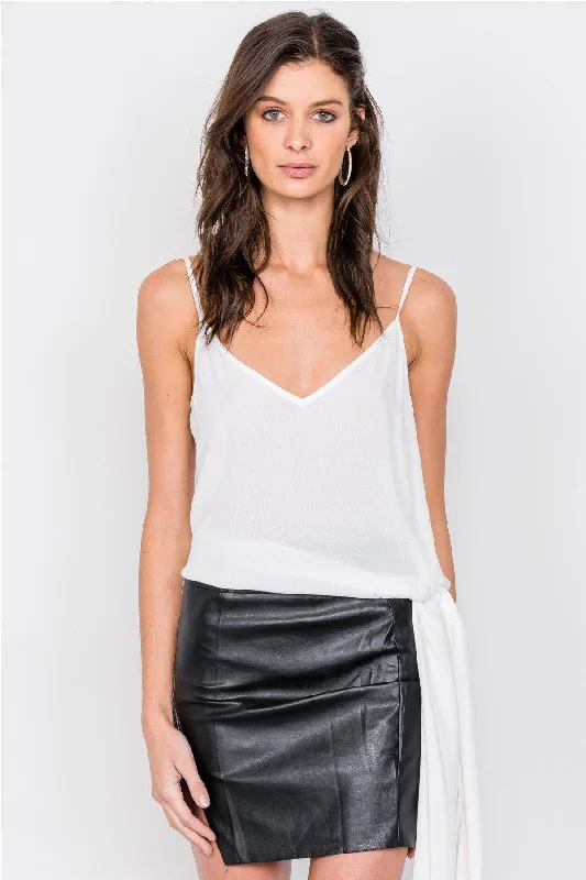 White Self Tie Side Sash V-Neck Casual Cami TopVNeckTopFlow