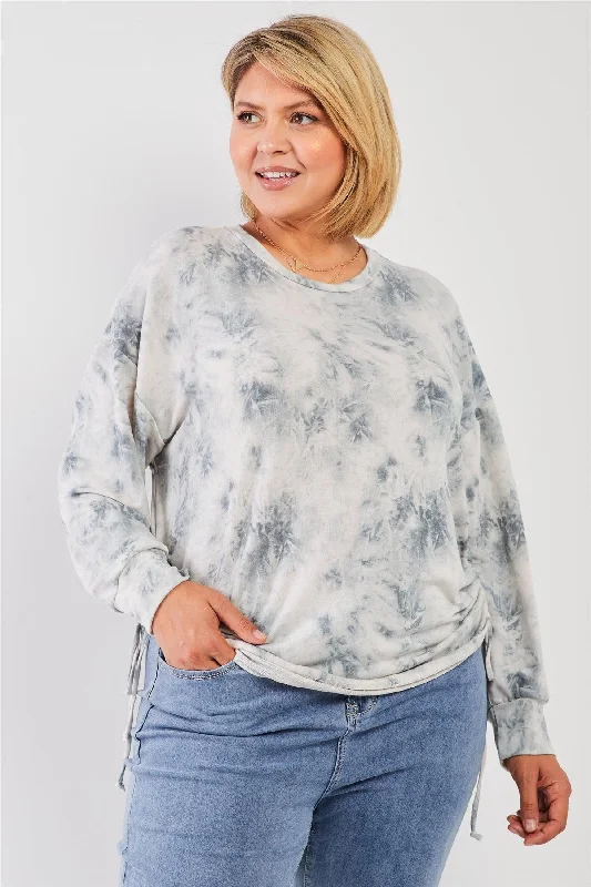 Junior Plus Sage Tie-Dye Print Ruched Side Detail Long Sleeve Relaxed Top /3-2-1