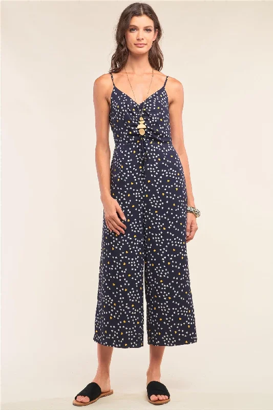 Collecting Hearts Navy Heart Print Sleeveless V-Neck Gathered Chest Draw String Tie Detail Wide Leg Jumpsuit /1-2-2-1VNeckTopJade