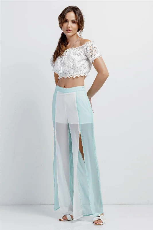 Low-riseAqua & White Color Block Semi-Sheer Chiffon High Waist Front Slit Detail Wide Leg Pants /1-2-2-1