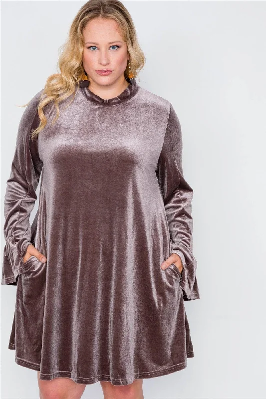 Junior Plus Size Mocha Velvet Long Sleeve Mini Dress /3-2-1