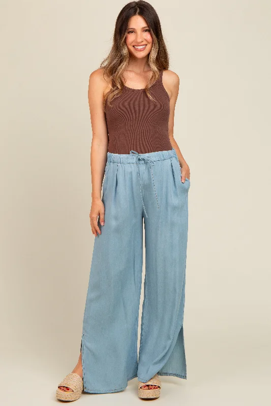 Athletic PantsLight Blue Chambray Wide Leg Drawstring Maternity Pants