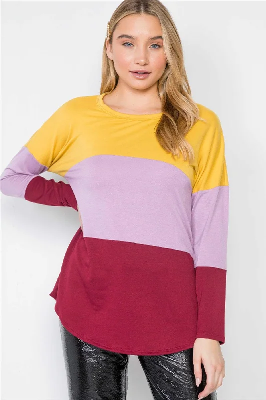 Mustard Lavender Red Colorblock Long Sleeve Sweater /2-2-2