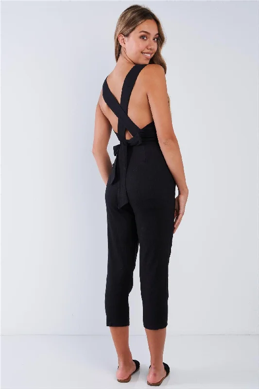 Sleeveless Black Linen Criss Cross Open Back V-Neck Tapered Pant Wrap Waist Jumper /3-2-1VNeckTopValley