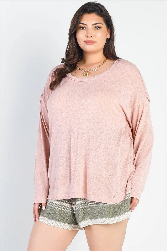 Junior Plus Blush Trim Detail Long Sleeve Top /3-2-1