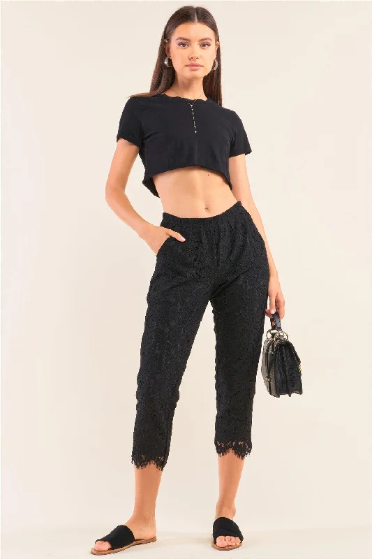 Biker PantsBlack Mid-Rise Crochet Lace Shredded Scallop Hem Capri Pants /1-2-2-1