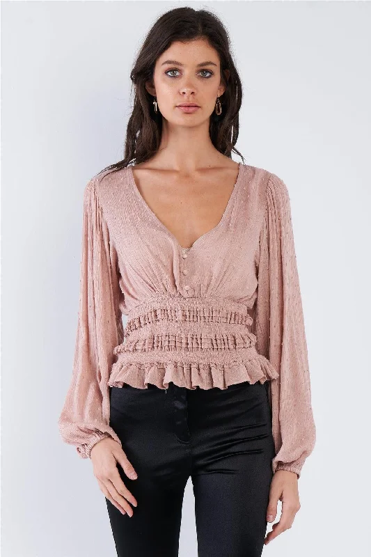 Latte Mini Boho Knot Frill Hem V-Neck Full Puff Sleeve Top  /3-2-1VNeckTopNest