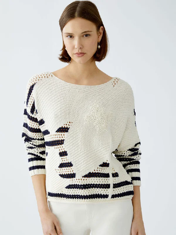 Oui Textured Jumper White & BlueKnit Textured