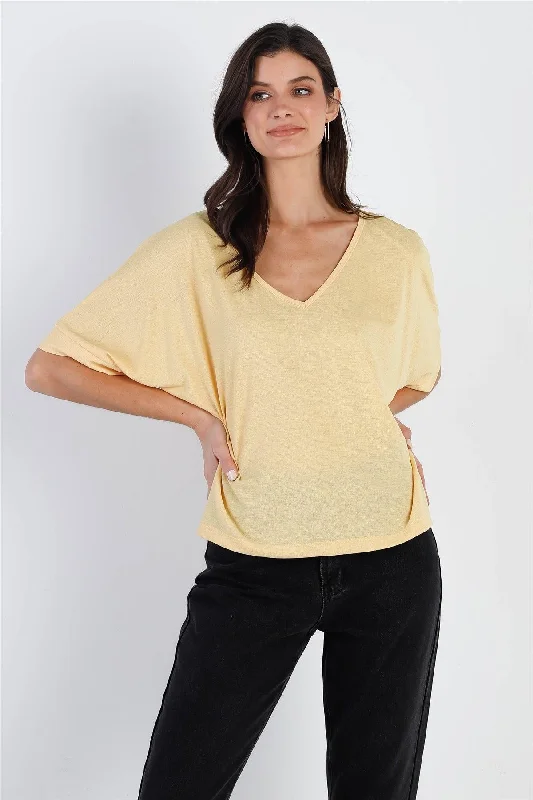 Yellow Textured V-Neck Relaxed Short Sleeve Top /3-2-1VNeckTopChimera