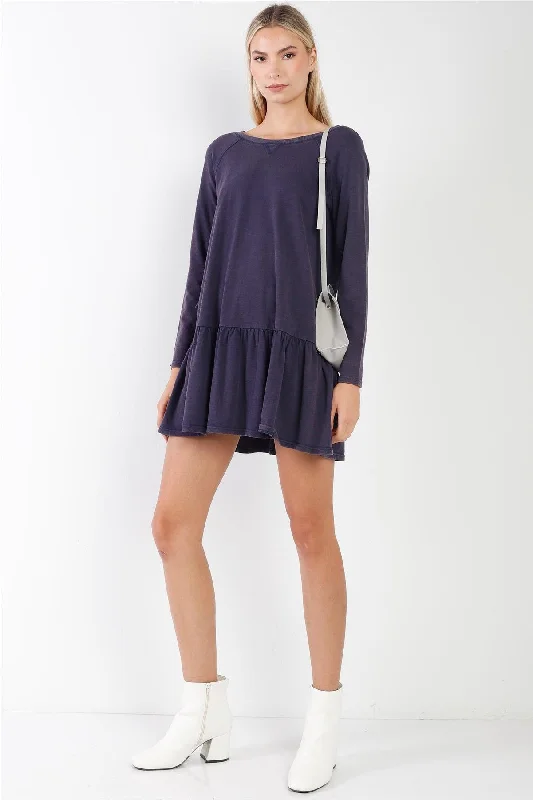 Navy Casual Shirred Hem Long Sleeve Dress