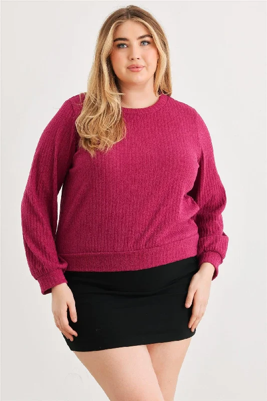 Junior Plus Magenta Ribbed Long Sleeve Open Tie Back Top /3-2-1