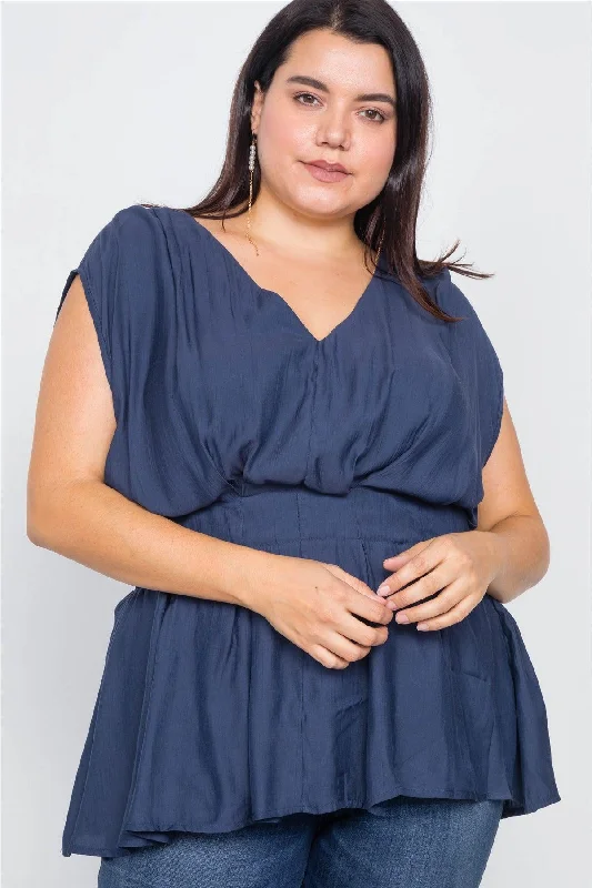 Plus Size Navy V-Neck Sleeveless Mock Peplum TopVNeckTopSpartan