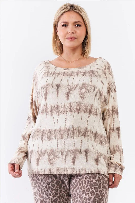 Junior Plus Ivory Acid Wash Print Bateau Neck Relaxed Fit Long Sleeve Top /3-2-1