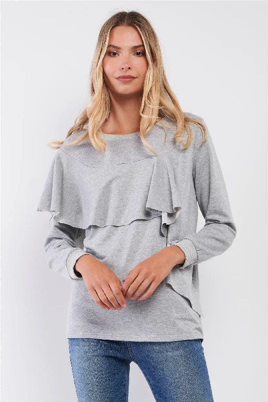 Heather-Gray Ruffled Crew Neck Long Sleeve Sweatshirt /2-2