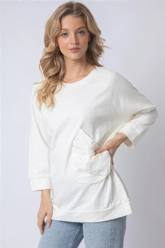 Ivory Cotton Side Bow Detail Long Sleeve Top /1-1-1