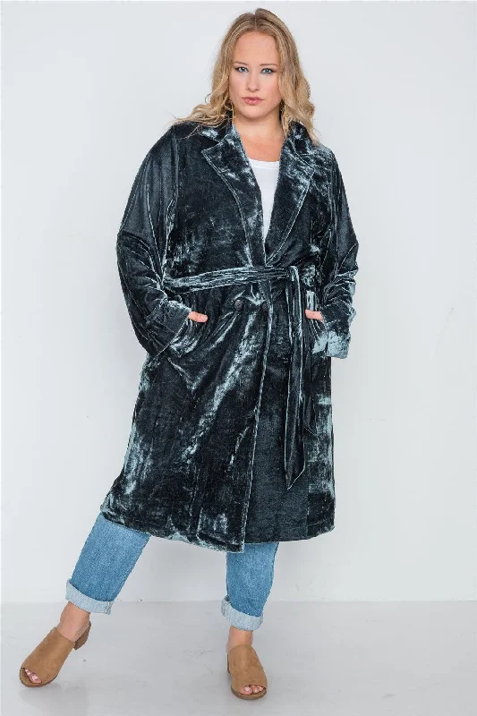 Plus Size Charcoal Velvet Long Sleeve Trench Coat /2-2