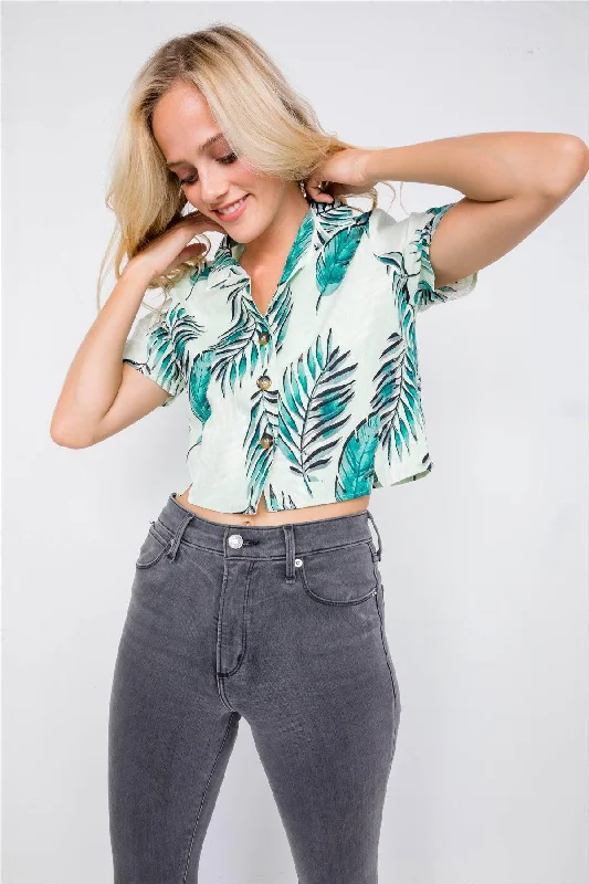 Green Linen Palm Tree WovenChic V-Neck Short Sleeve Top /2-2-1VNeckTopHorizon