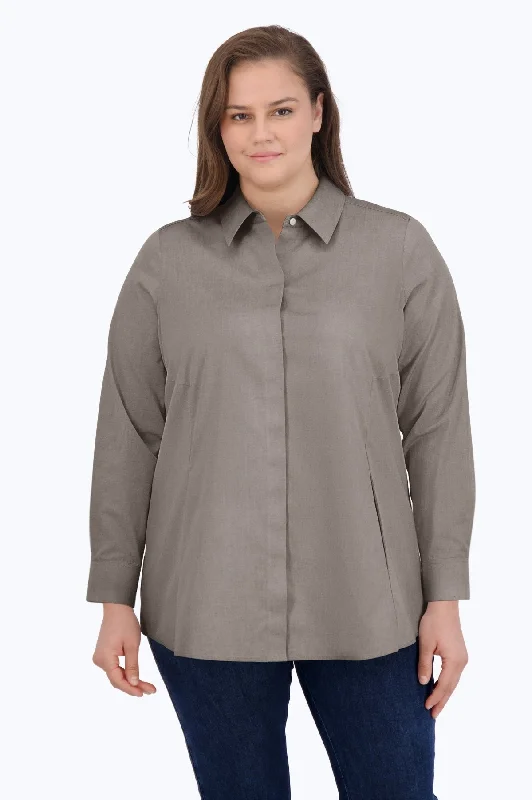 Cici Plus No Iron Pinpoint Long Sleeve Tunic, CharcoalPolyester Shirts