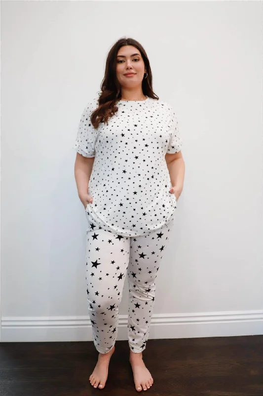 Embroidered PantsWhite Star Print Loose T-Shirt & Sweatpants Set /1-1-1