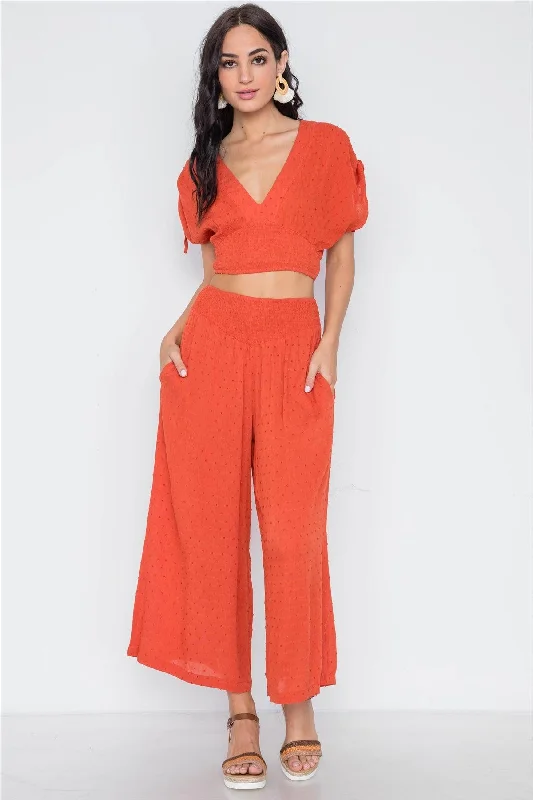 ShortsOrange Rust Smocked High-Waist Wide Leg Pants /3-2-1