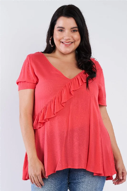 Junior Plus Size Coral Pink V-Neck Diagonal Ruffle Trim Short Sleeve Top  /2-2-2VNeckTopElite