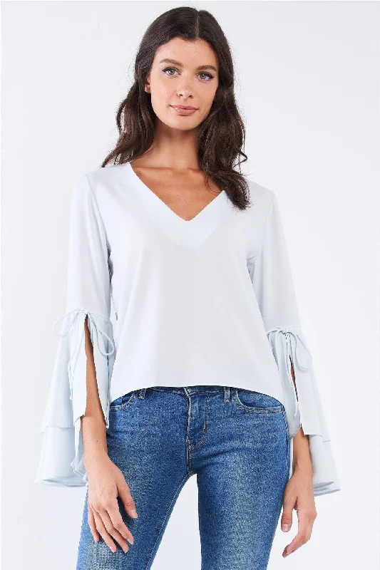 Light Blue V-Neck Long Bluebell Slit Draw String Tie Double Frill Sleeve Top /1-2-2-1VNeckTopSurge